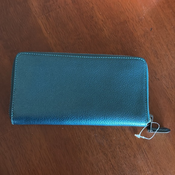 New Coach Deep Blue Green Pebbled Leather Medium Zip Around Accordion Wallet - Picture 3 of 10